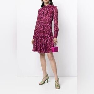 NWT MARCHESA Leopard Print Buttoned Long Sleeve Neck Tie Dress